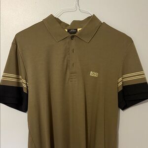 Boss Men's Olive Polo Shirt with Black and Gold Stripes
